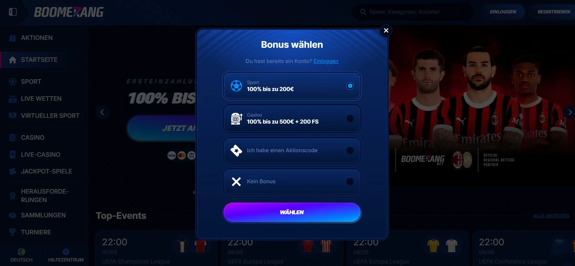 Registrierung im Boomerang Bet Casino