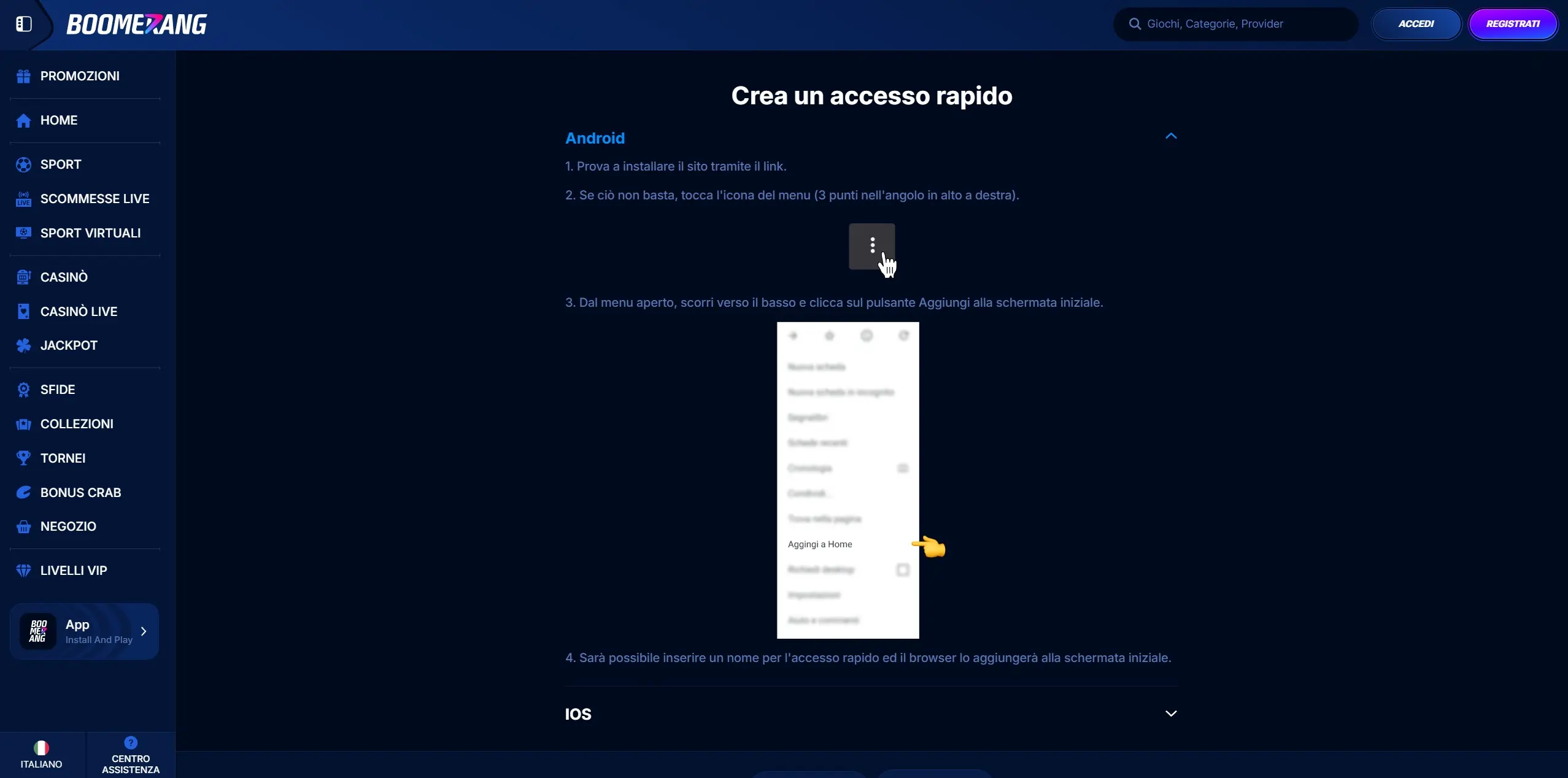 App mobile di BoomerangBet