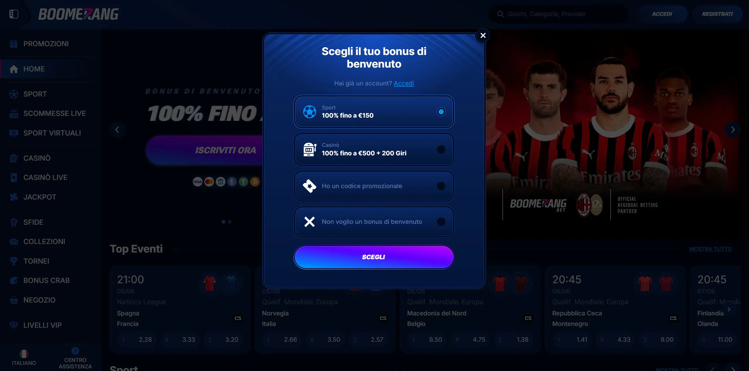 Registrazione su Boomerang Bet Casino